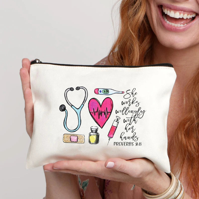 2024 White Minimalist Nurse Makeup Bag Medical Literature Storage Bag Trendy Versatile Travel Essential Wash Bag Birthday Gift White