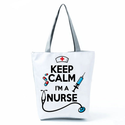 Cartoon Ladies Nurse Print Handbags Foldable High Capacity Women Shoulder Bags Eco Reusable Shopping Bags Travel Beach Tote Bags - Healthcare Vibes
