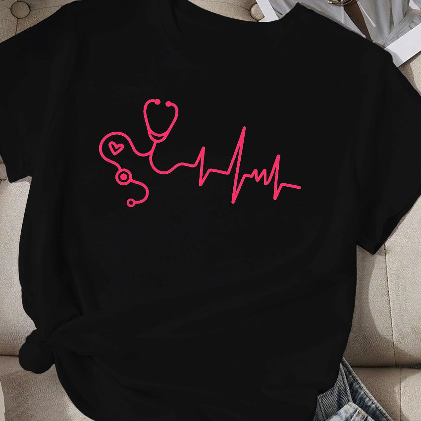 Stethoscope with Heartbeat Waveform T-shirt Features a Fun Stethoscope and Heartbeat Design, Perfect for Healthcare Enthusiasts - Healthcare Vibes
