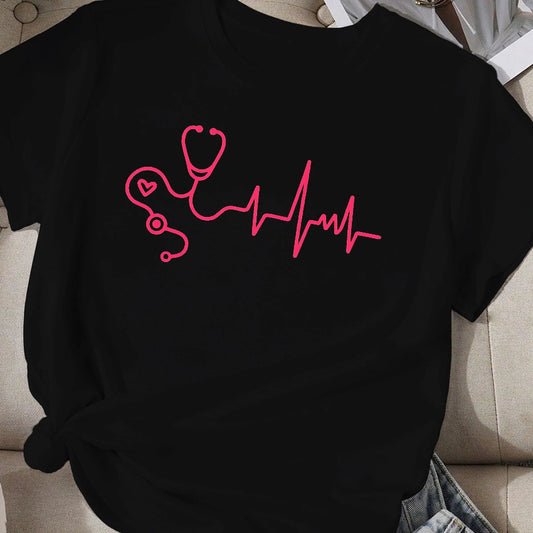 Stethoscope with Heartbeat Waveform T-shirt Features a Fun Stethoscope and Heartbeat Design, Perfect for Healthcare Enthusiasts - Healthcare Vibes
