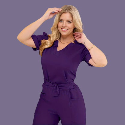 THEY ARE HERE!! Women's Short Sleeve Straight Pants Nursing and Doctor Scrub Jumpsuit with Bow Accent Grape purple