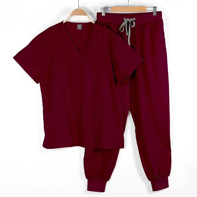 Unisex Medical Scrubs Short Sleeve Sets - Multicolor Dental/Pharmacy/Hospital Workwear W/6 Pockets & Anti-Microbial Fabric Burgundy