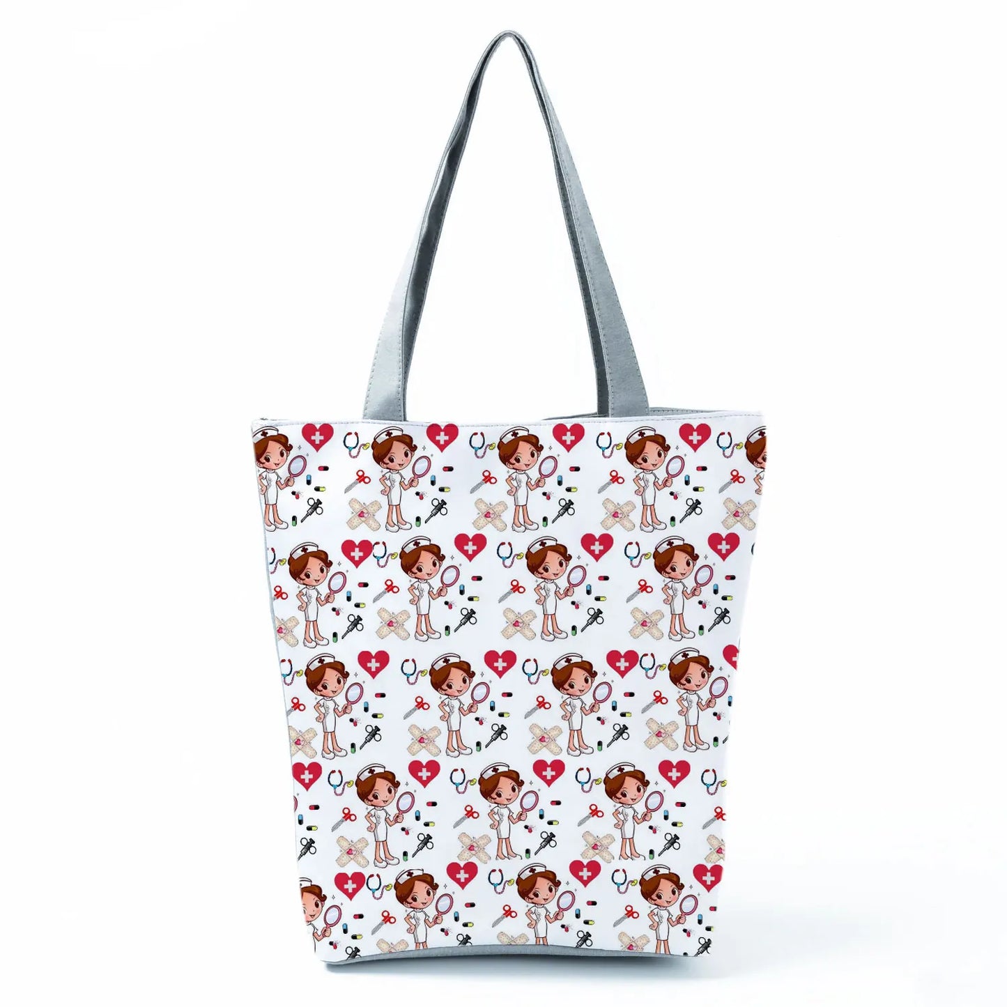 Cartoon Ladies Nurse Print Handbags Foldable High Capacity Women Shoulder Bags Eco Reusable Shopping Bags Travel Beach Tote Bags - Healthcare Vibes