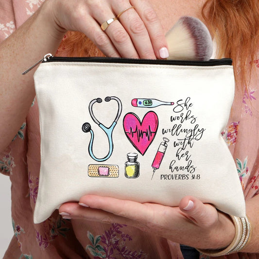 2024 White Minimalist Nurse Makeup Bag Medical Literature Storage Bag Trendy Versatile Travel Essential Wash Bag Birthday Gift