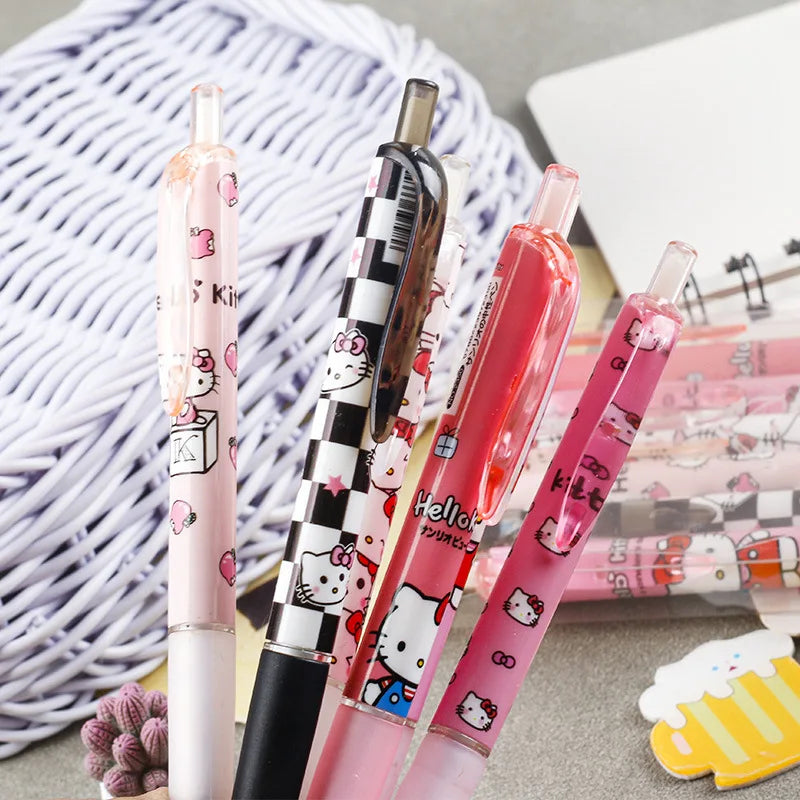 Sanrio 6-Piece Gel Pen Set Featuring Hello Kitty Cartoon, Black Ink, 0.5mm Tip, Quick-Drying Press Ballpoint Pens
