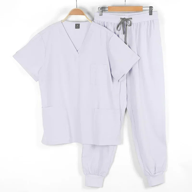 Unisex Medical Scrubs Short Sleeve Sets - Multicolor Dental/Pharmacy/Hospital Workwear W/6 Pockets & Anti-Microbial Fabric White
