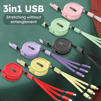 3 In 1 Retractable USB Cable Fast Charging Data Cord For Iphone Samsung Huawei Xiaomi Multi Port Multiple Charging Wire
