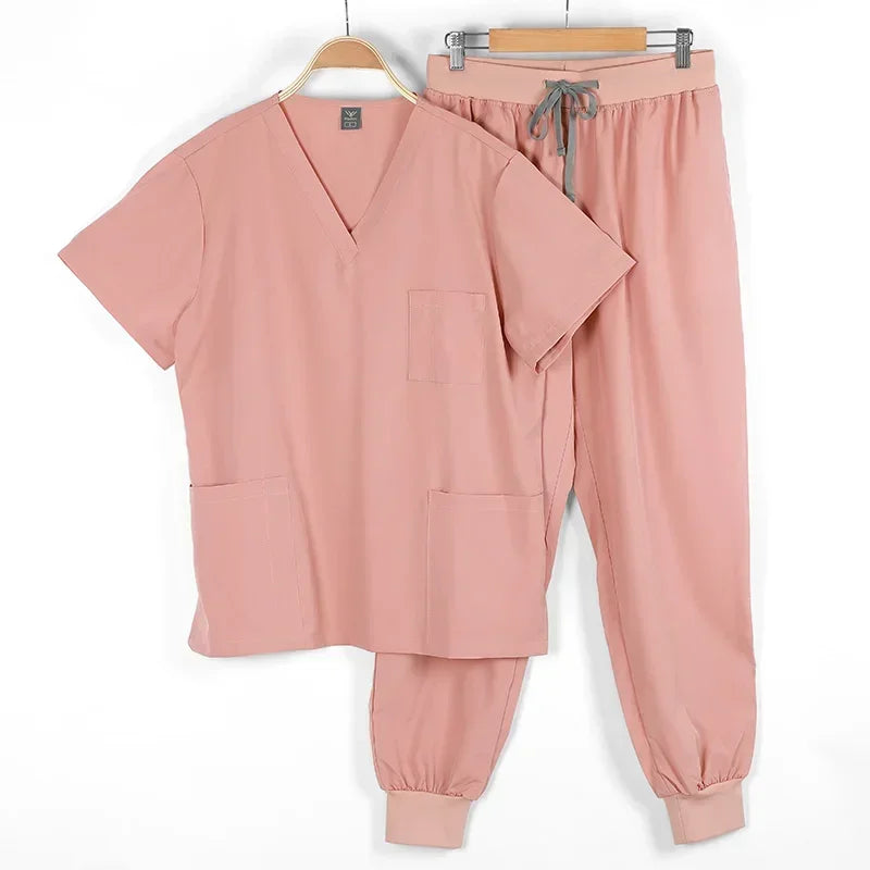 Unisex Medical Scrubs Short Sleeve Sets - Multicolor Dental/Pharmacy/Hospital Workwear W/6 Pockets & Anti-Microbial Fabric Pink