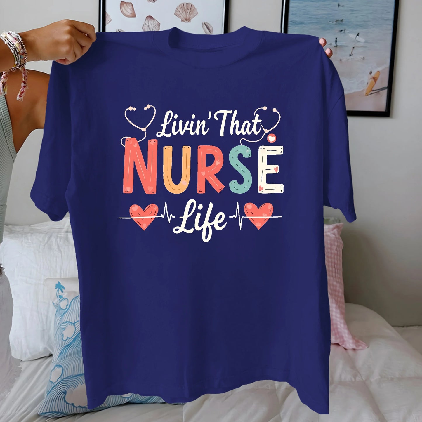 Comfort Fit Pure Cotton Women's T-shirt Stethoscope "Livin That NURSE Life" - Healthcare Vibes