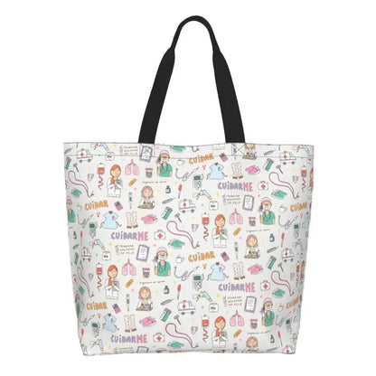 Cartoon Doctor Nurse Enfermera En Apuros Grocery Bags Large Capacity Aesthetic Merch For Woman Street Shoulder Bag 10 One Size