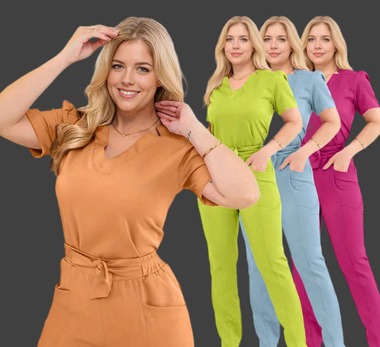 THEY ARE HERE!! Women's Short Sleeve Straight Pants Nursing and Doctor Scrub Jumpsuit with Bow Accent