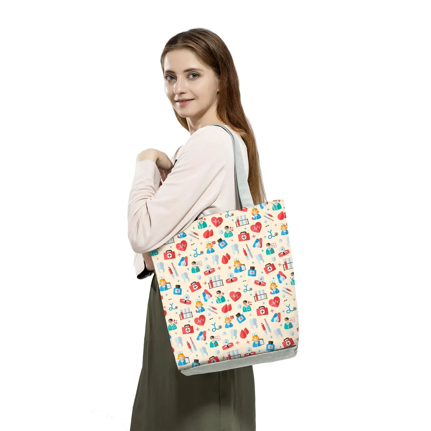 Fashion Tote Customized Cartoon Dentist Nurse Shoulder Bag Eco Reusable Shopping Bag Ladies Handbags for Women Casual Portable - Healthcare Vibes