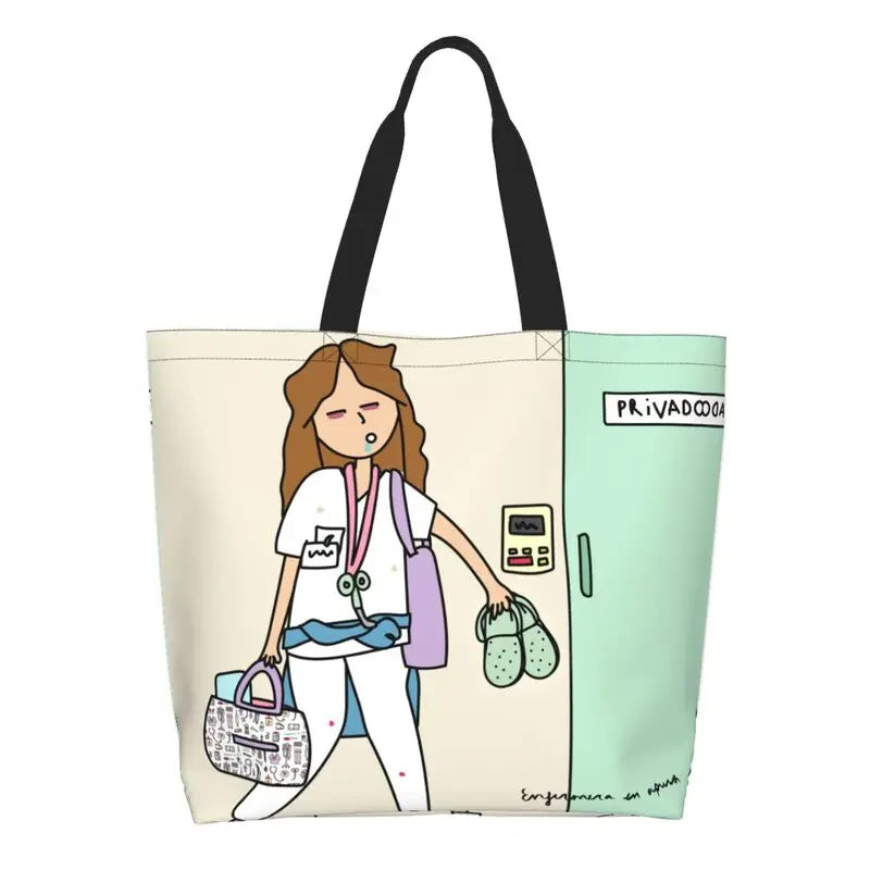 Cartoon Doctor Nurse Enfermera En Apuros Grocery Bags Large Capacity Aesthetic Merch For Woman Street Shoulder Bag 2 One Size