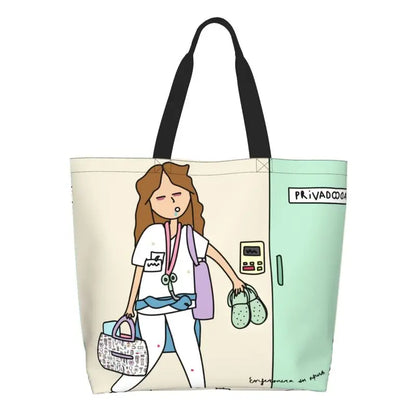 Cartoon Doctor Nurse Enfermera En Apuros Grocery Bags Large Capacity Aesthetic Merch For Woman Street Shoulder Bag 2 One Size