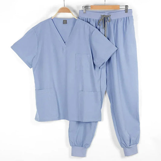 Unisex Medical Scrubs Short Sleeve Sets - Multicolor Dental/Pharmacy/Hospital Workwear W/6 Pockets & Anti-Microbial Fabric Light Blue