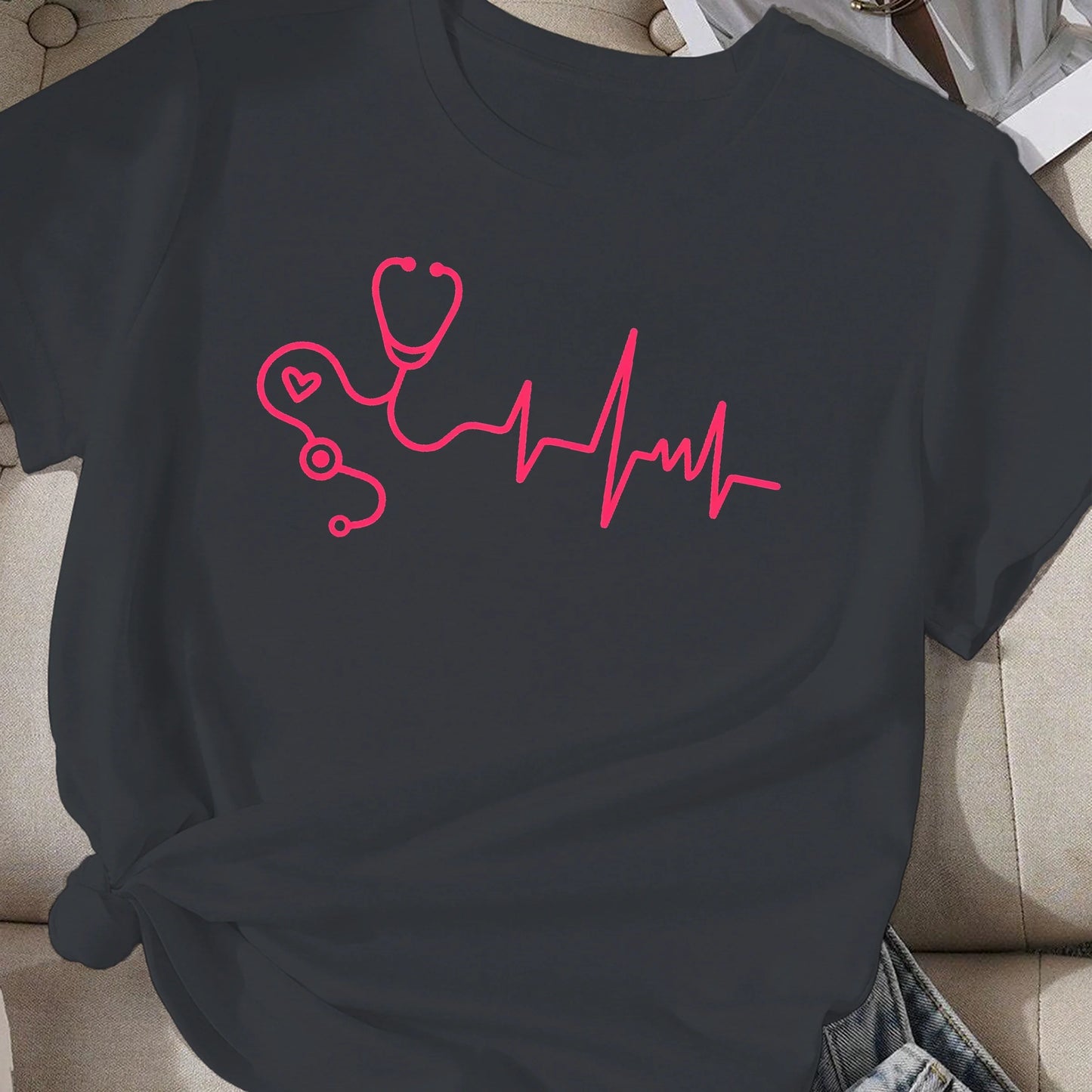 Women's Stethoscope comfit T-shirt with Heartbeat Waveform - Healthcare Vibes