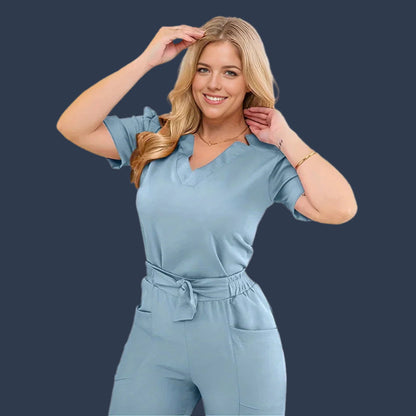 THEY ARE HERE!! Women's Short Sleeve Straight Pants Nursing and Doctor Scrub Jumpsuit with Bow Accent Sea blue