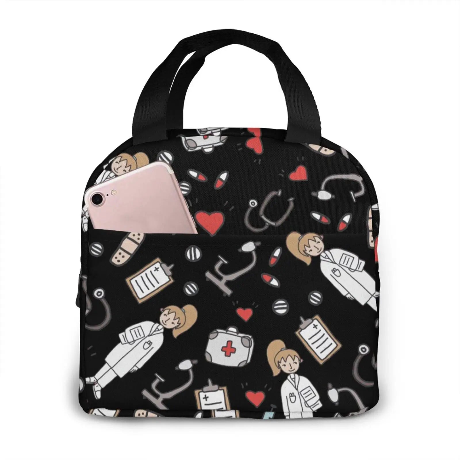 Portable Nurse Bag Insulated Lunch Bags Women Cute Nurse Print Food Case Tote Cooler Bento Bag for Kids Lunch Pouch - Healthcare Vibes