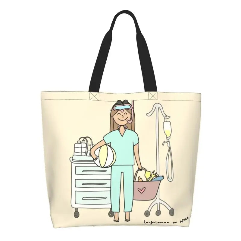 Cartoon Doctor Nurse Enfermera En Apuros Grocery Bags Large Capacity Aesthetic Merch For Woman Street Shoulder Bag 13 One Size
