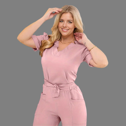THEY ARE HERE!! Women's Short Sleeve Straight Pants Nursing and Doctor Scrub Jumpsuit with Bow Accent Pink