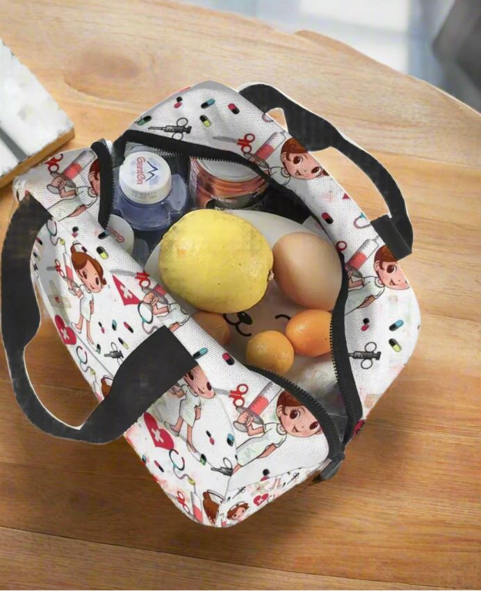 Portable Lunch Bag with Cartoon Nurse Design | Thermal Insulated Tote Cooler for Bento, School, and Food Storage