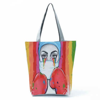 Cartoon Ladies Nurse Print Handbags Foldable High Capacity Women Shoulder Bags Eco Reusable Shopping Bags Travel Beach Tote Bags - Healthcare Vibes