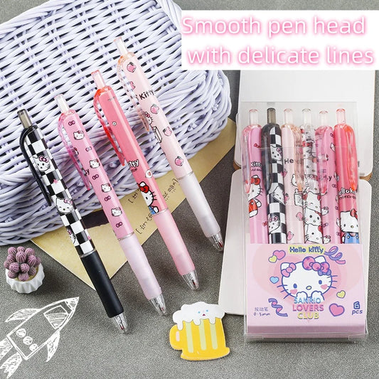 Sanrio 6-Piece Gel Pen Set Featuring Hello Kitty Cartoon, Black Ink, 0.5mm Tip, Quick-Drying Press Ballpoint Pens