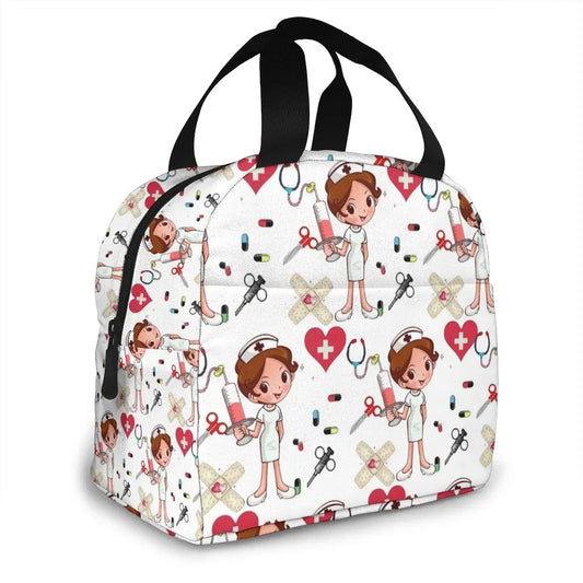 Portable Lunch Bag Cartoon Nurse Pattern Thermal Insulated Lunch Tote Cooler Handbag Bento Pouch Container School Food Bags