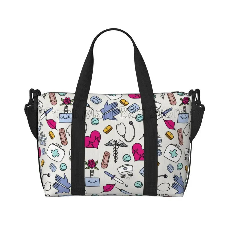 Nurse Medical Theme Travel Duffle Bag Carry on Tote Bags for Sport Gym Lightweight Waterproof Weekender Overnight Bags for Women