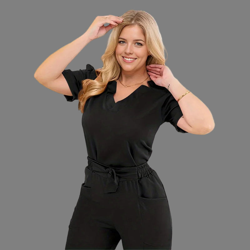 THEY ARE HERE!! Women's Short Sleeve Straight Pants Nursing and Doctor Scrub Jumpsuit with Bow Accent black