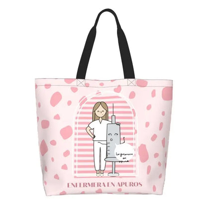 Cartoon Doctor Nurse Enfermera En Apuros Grocery Bags Large Capacity Aesthetic Merch For Woman Street Shoulder Bag 3 One Size