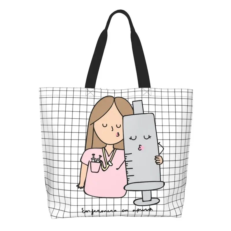Cartoon Doctor Nurse Enfermera En Apuros Grocery Bags Large Capacity Aesthetic Merch For Woman Street Shoulder Bag 8 One Size