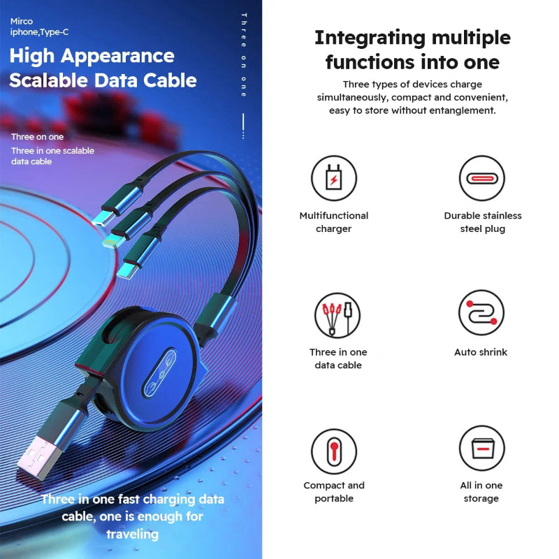 3 In 1 Retractable USB Cable Fast Charging Data Cord: Great gift for the unit, or someone who always needs to borrow your charger