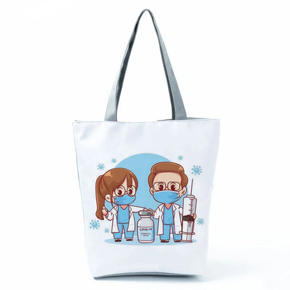 Cartoon Ladies Nurse Print Handbags Foldable High Capacity Women Shoulder Bags Eco Reusable Shopping Bags Travel Beach Tote Bags - Healthcare Vibes