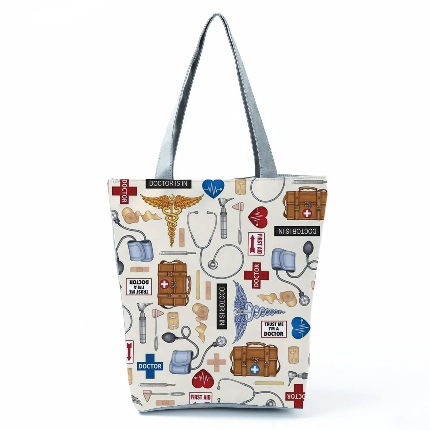 Cartoon Ladies Nurse Print Handbags Foldable High Capacity Women Shoulder Bags Eco Reusable Shopping Bags Travel Beach Tote Bags - Healthcare Vibes