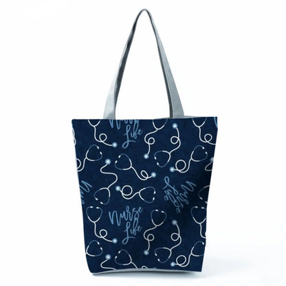 Cartoon Ladies Nurse Print Handbags Foldable High Capacity Women Shoulder Bags Eco Reusable Shopping Bags Travel Beach Tote Bags - Healthcare Vibes