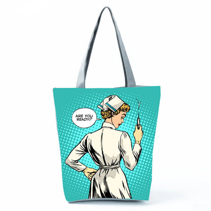 Fashion Tote Customized Cartoon Dentist Nurse Shoulder Bag Eco Reusable Shopping Bag Ladies Handbags for Women Casual Portable - Healthcare Vibes