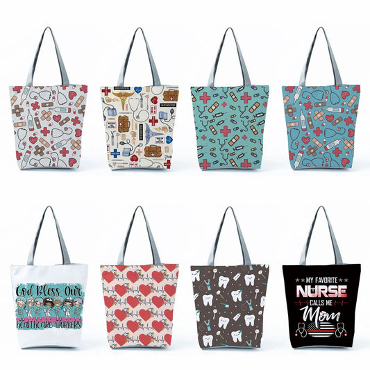 Cartoon Ladies Nurse Print Handbags Foldable High Capacity Women Shoulder Bags Eco Reusable Shopping Bags Travel Beach Tote Bags - Healthcare Vibes