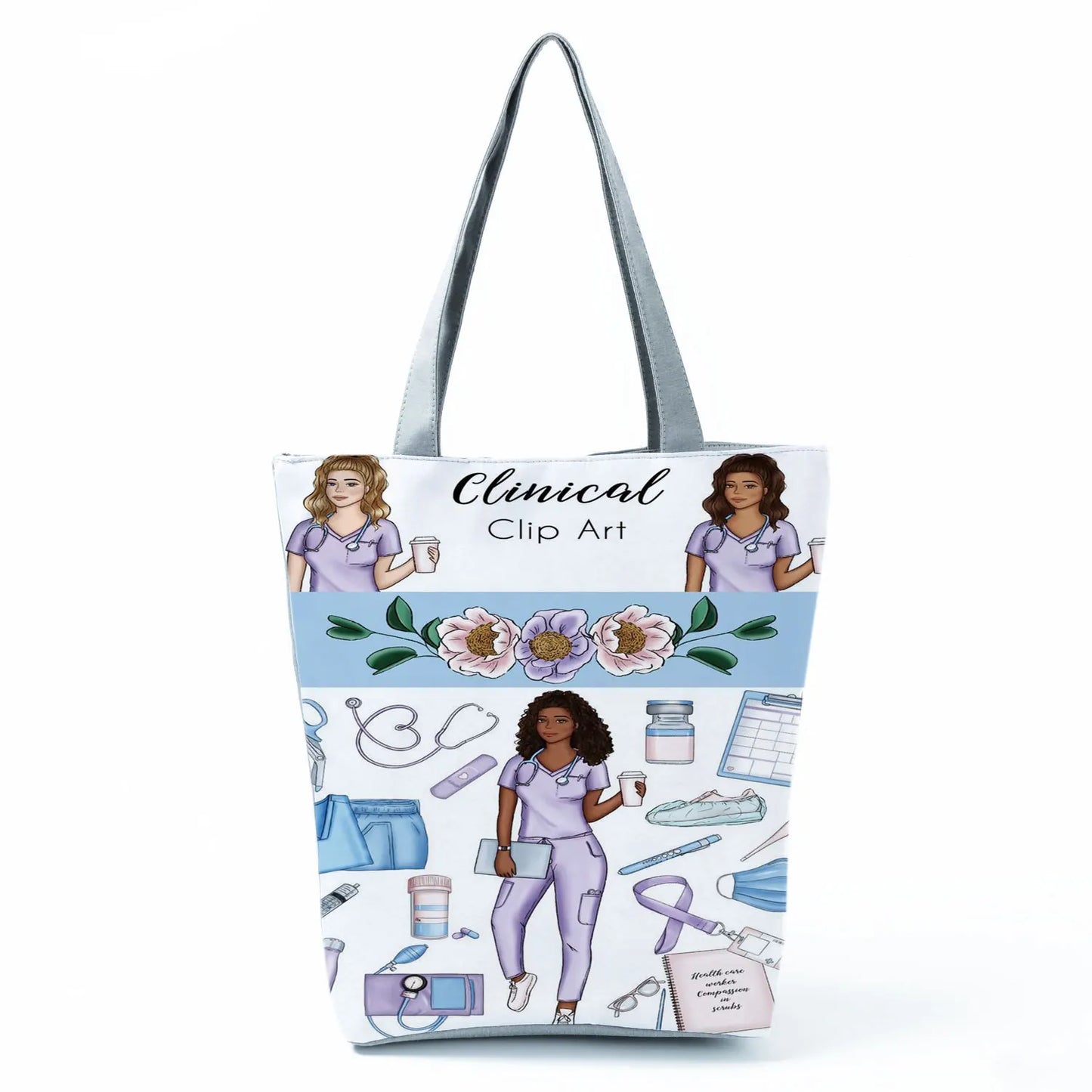 Cartoon Ladies Nurse Print Handbags Foldable High Capacity Women Shoulder Bags Eco Reusable Shopping Bags Travel Beach Tote Bags - Healthcare Vibes
