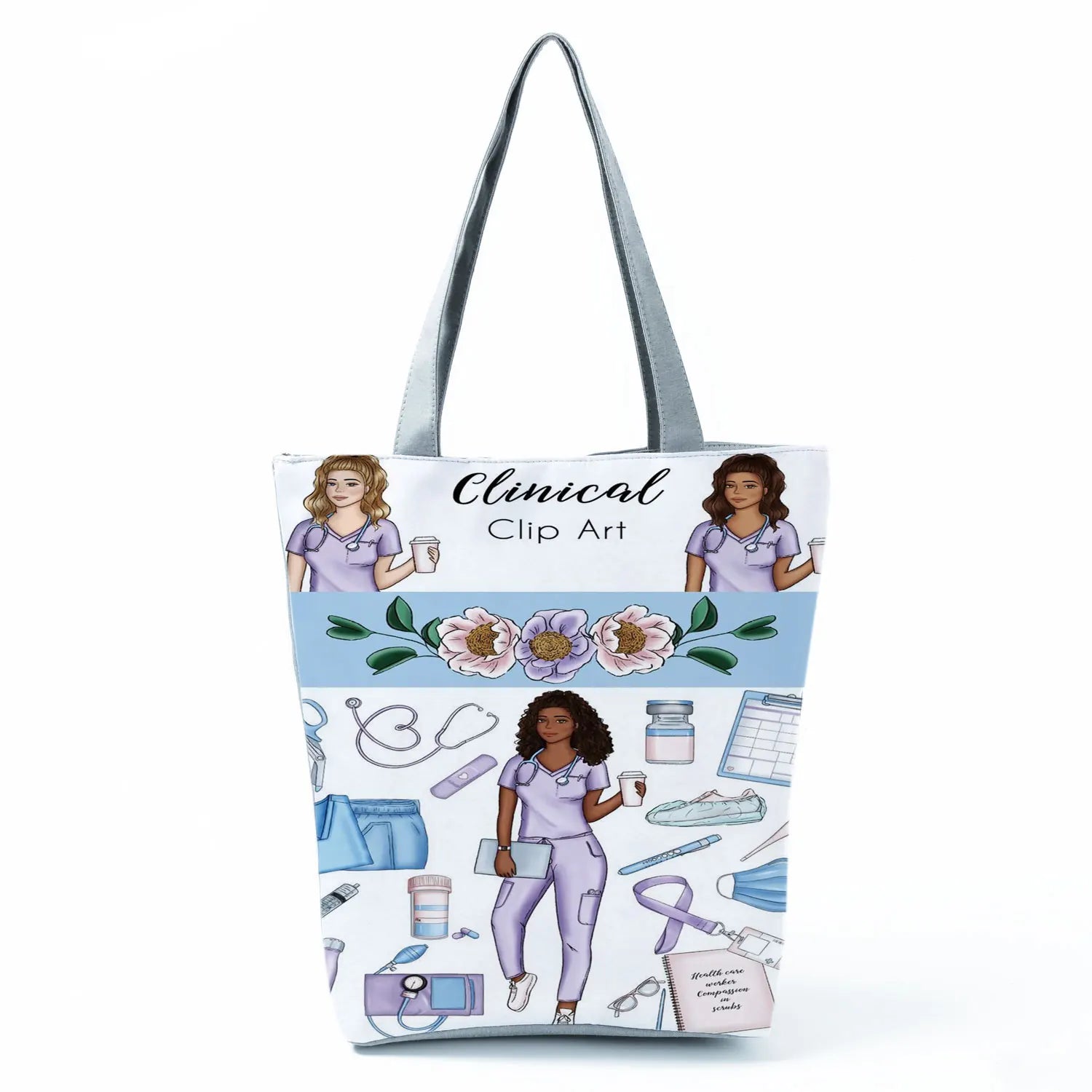 Cartoon Ladies Nurse Print Handbags Foldable High Capacity Women Shoulder Bags Eco Reusable Shopping Bags Travel Beach Tote Bags - Healthcare Vibes