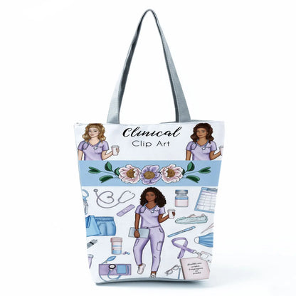 Cartoon Ladies Nurse Print Handbags Foldable High Capacity Women Shoulder Bags Eco Reusable Shopping Bags Travel Beach Tote Bags - Healthcare Vibes
