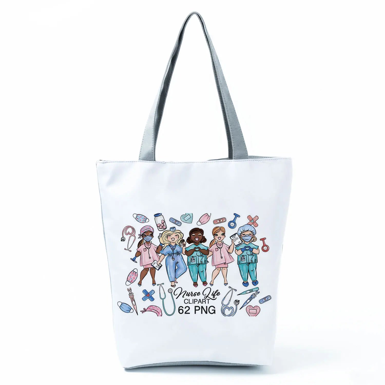 Cartoon Ladies Nurse Print Handbags Foldable High Capacity Women Shoulder Bags Eco Reusable Shopping Bags Travel Beach Tote Bags - Healthcare Vibes