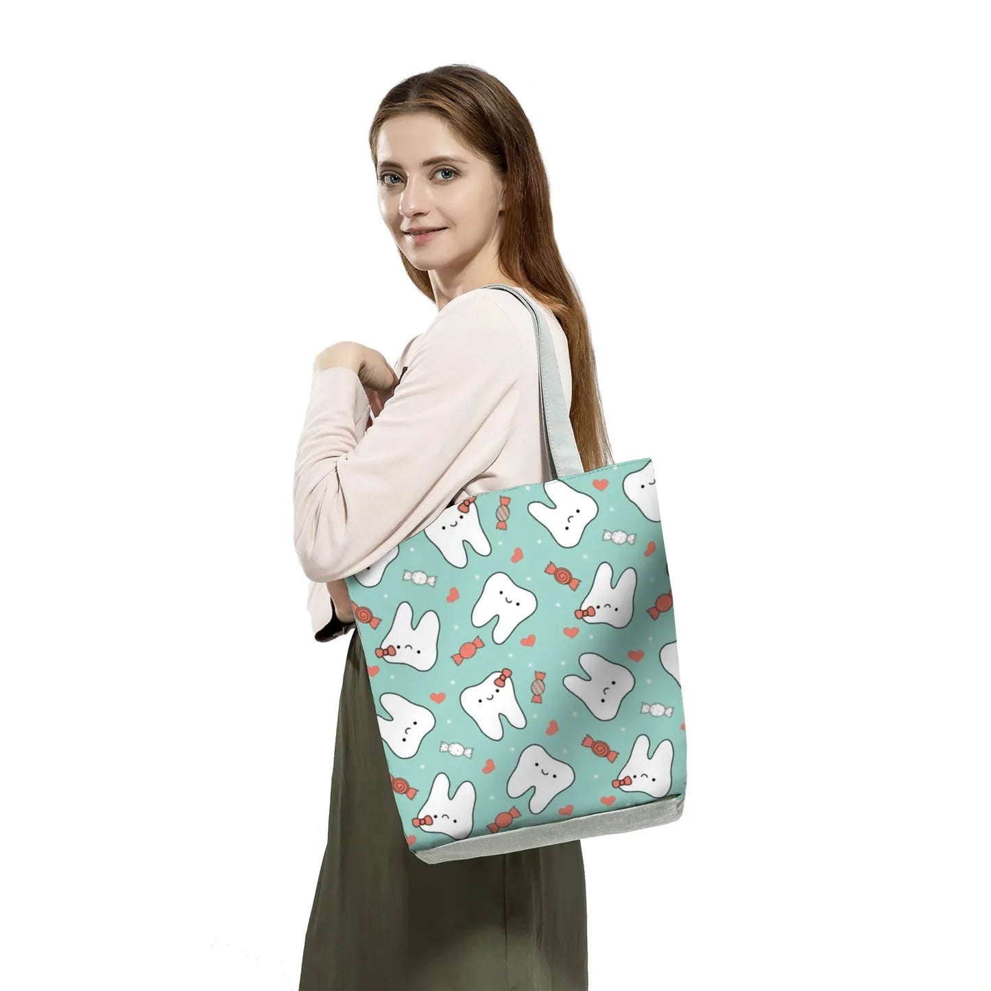 Cartoon Ladies Nurse Print Handbags Foldable High Capacity Women Shoulder Bags Eco Reusable Shopping Bags Travel Beach Tote Bags - Healthcare Vibes