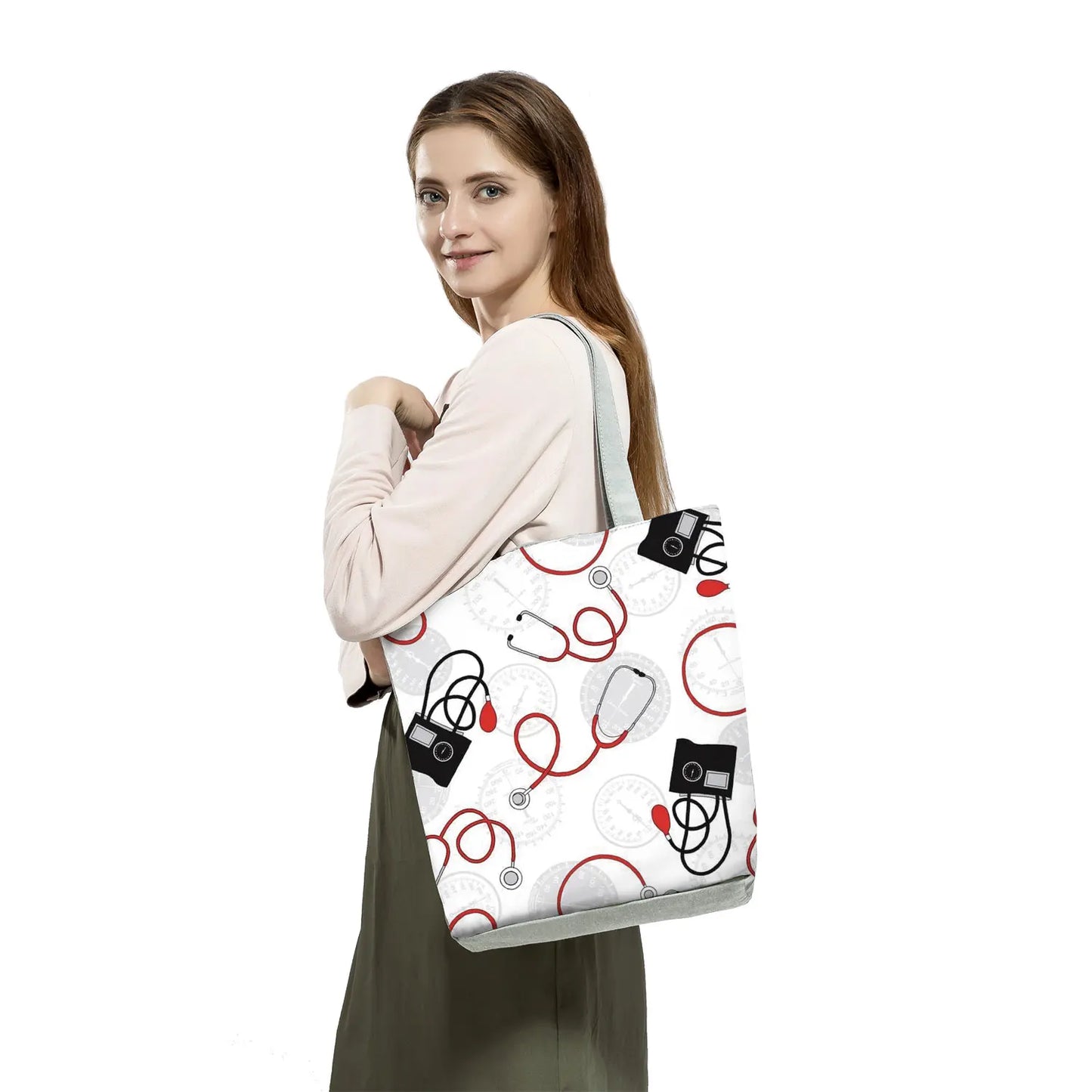 Cartoon Ladies Nurse Print Handbags Foldable High Capacity Women Shoulder Bags Eco Reusable Shopping Bags Travel Beach Tote Bags - Healthcare Vibes