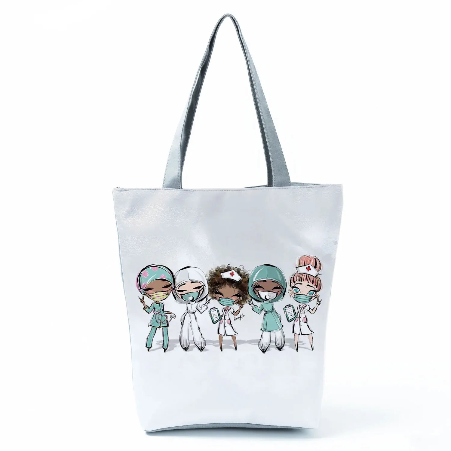 Cartoon Ladies Nurse Print Handbags Foldable High Capacity Women Shoulder Bags Eco Reusable Shopping Bags Travel Beach Tote Bags - Healthcare Vibes