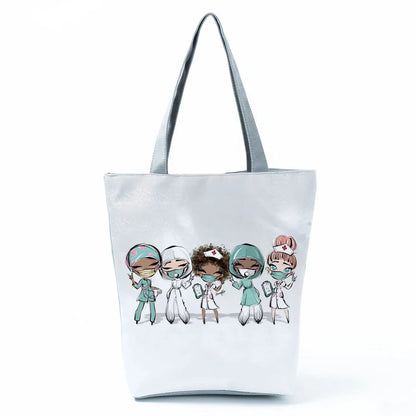 Cartoon Ladies Nurse Print Handbags Foldable High Capacity Women Shoulder Bags Eco Reusable Shopping Bags Travel Beach Tote Bags - Healthcare Vibes