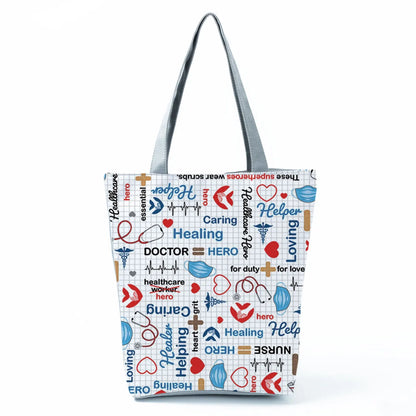 Cartoon Ladies Nurse Print Handbags Foldable High Capacity Women Shoulder Bags Eco Reusable Shopping Bags Travel Beach Tote Bags - Healthcare Vibes