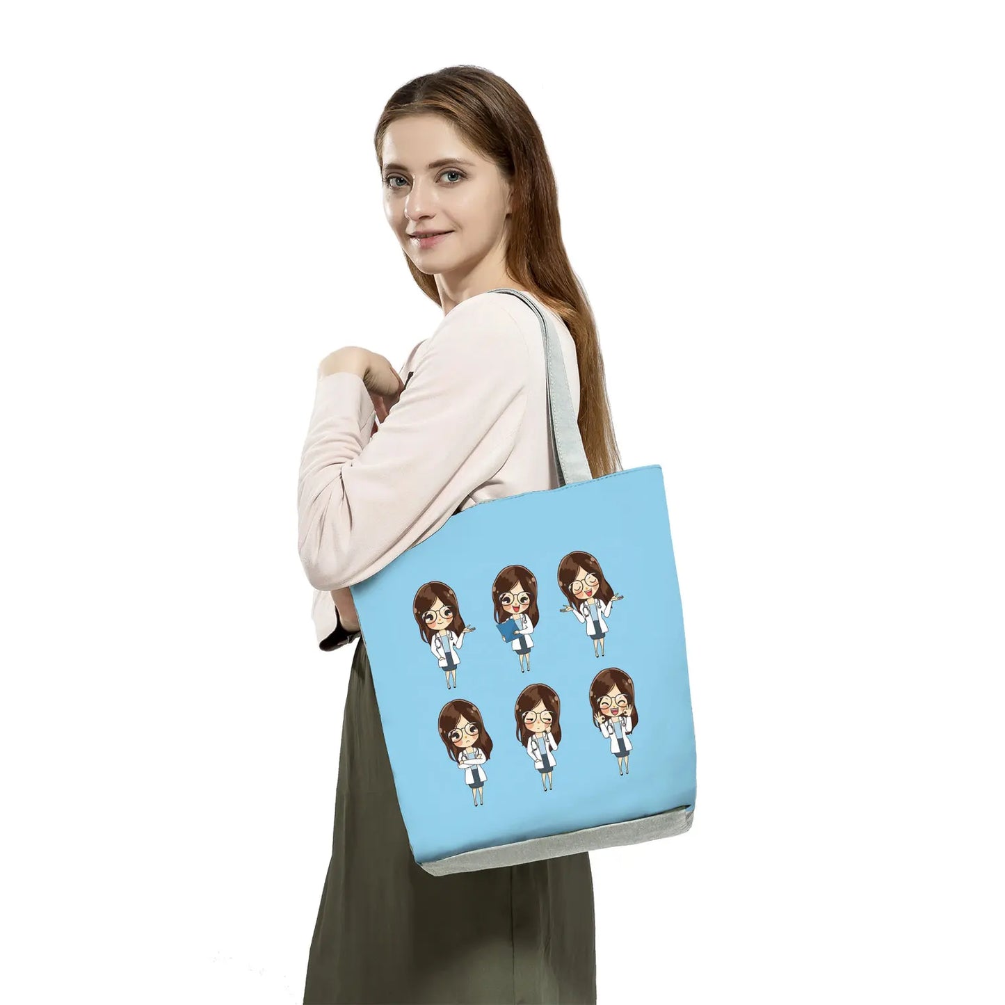 Cartoon Ladies Nurse Print Handbags Foldable High Capacity Women Shoulder Bags Eco Reusable Shopping Bags Travel Beach Tote Bags - Healthcare Vibes