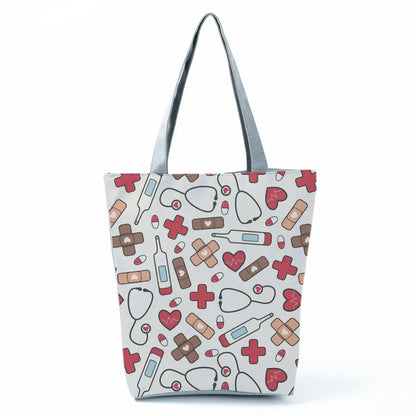 Cartoon Ladies Nurse Print Handbags Foldable High Capacity Women Shoulder Bags Eco Reusable Shopping Bags Travel Beach Tote Bags - Healthcare Vibes