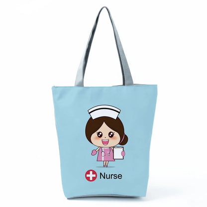 Cartoon Ladies Nurse Print Handbags Foldable High Capacity Women Shoulder Bags Eco Reusable Shopping Bags Travel Beach Tote Bags - Healthcare Vibes